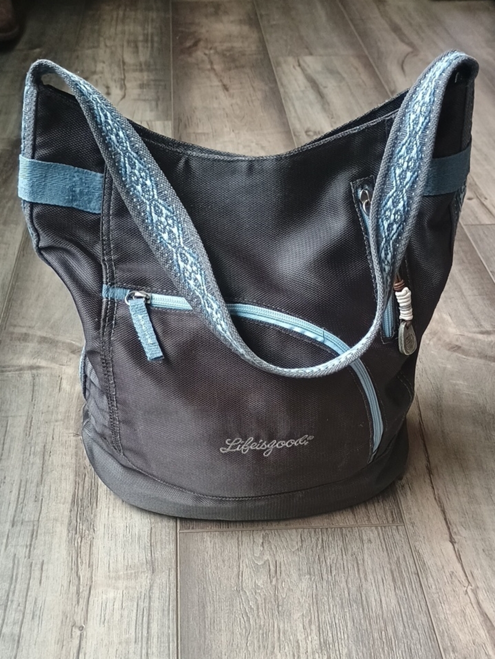 Life Is Good Gray Shoulder Bag with Blue Accents